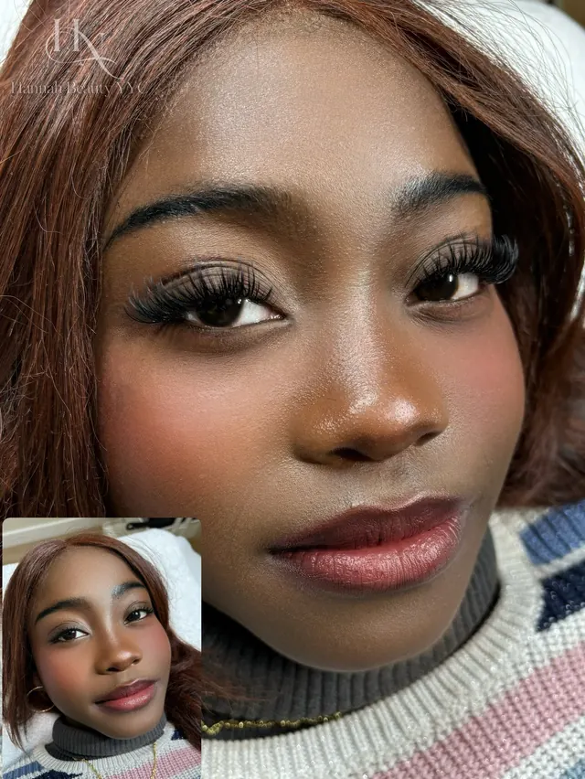 Client wearing a full set of lash extensions, with a second photo inset