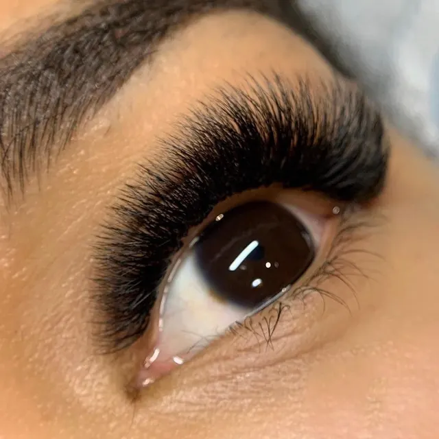 Mega volume lash extensions with dense, dark, dramatic fans